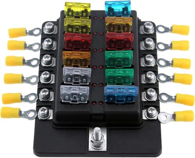 12-weg Meszekeringkasthouder met Rode LED-indicator - 10 Stuks Zekeringen en Terminals voor Auto, Boot, Marine, Caravan en Vrachtwagen - Ideaal voor 12V en 24V Bedrading tot 25A