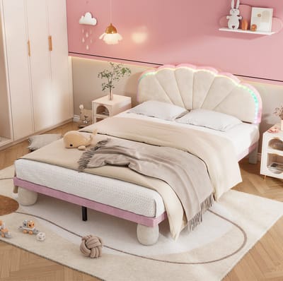MEUNIQ gestoffeerd bed 140 x 200 cm met LED-lichtstrip, golvend hoofdbord, houten lattenbodem en ronde gevoerde poten voor kinderkamer, beige en roze