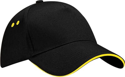 Beechfield Unisex Ultimate 5 Panel Contrast Baseball Cap met Sandwich Peak / Hoofddeksel (Pakket van 2) (Zwart/Geel)