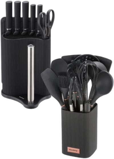 Klausberg - Keuken Set - Keuken Accessoires Set - 8-Delig - Messenset met Houder & 12-Delig - Siliconen Keukengerei Set - Zwart