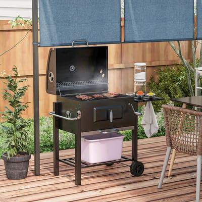 Pugsdrly Houtskoolgrill Smoker BBQ-Smoker, 1 opbergvak, 1 handdoekhouder, 2 grillroosters, 113 cm x 65 cm x 108 cm, zwart