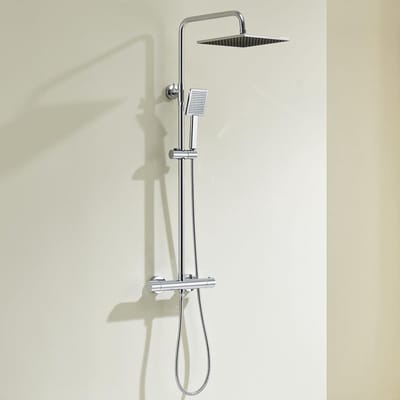 Thermostaatdouchearmatuur, complete set met bescherming tegen verbranding, douchesysteem met regendouche, doucheset met 25 x 25 cm regendouche, handdouche, roestvrijstalen douchestang en slang