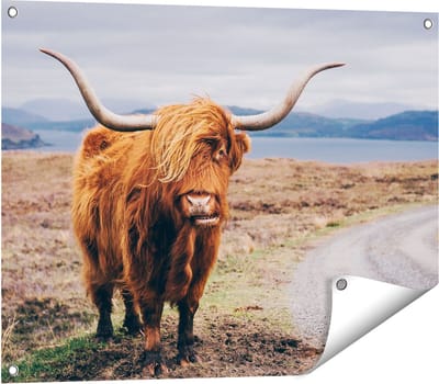Gards Tuinposter Schotse Hooglander Koe op de Weg - 80x60 cm - Tuindoek - Tuindecoratie - Wanddecoratie buiten - Tuinschilderij