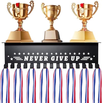 Zwarte medaillehouder met 7 haken voor sportprijzen, medaille display plank en lint hanger voor gymnastiek en voetbal, perfect voor thuiskantoor en organisatie