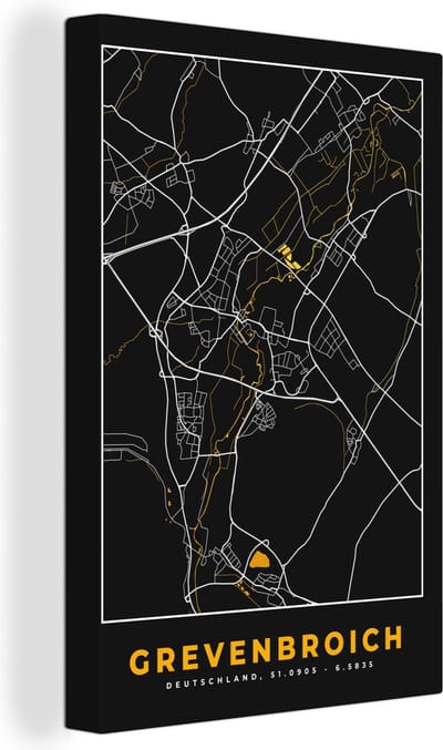 Canvas Schilderij Stadskaart – Plattegrond – Duitsland – Goud – Grevenbroich – Kaart - 20x30 cm - Wanddecoratie