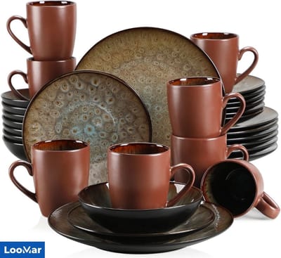 LooMar Serviesset – 32 delig – 8 persoons – Porselein - Luxe – Bruin– Bordenset – Dinner platen – Dessertborden - Koffie Mokken - Bubble