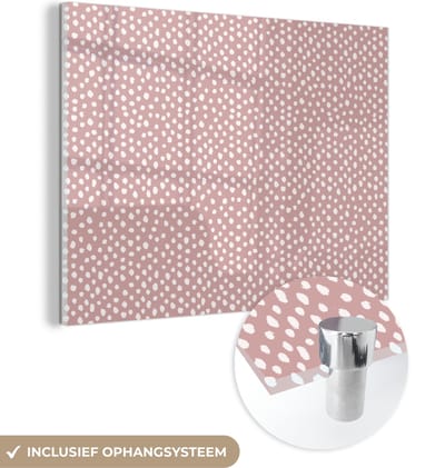 MuchoWow® Glasschilderij 120x90 cm - Schilderij acrylglas - Roze - Stippen - Wit - Patronen - Foto op glas - Schilderijen