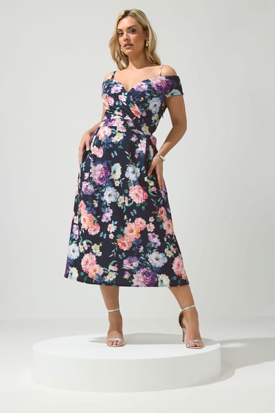 Yours London Marineblauwe Bardot Skaterjurk Met Bloemenprint Size 42