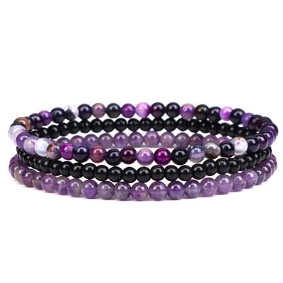 Bixorp Gems 4mm Heide Agaat + Onyx + Amethist Edelstenen Armbanden Set - Kralenarmband Cadeau - 18cm