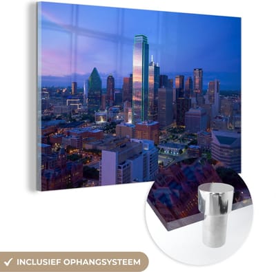 ® Glasschilderij 180x120 cm - Schilderij acrylglas - Avond - Dallas - Texas - Foto op glas - Muurdecoratie woonkamer - Wanddecoratie slaapkamer - Schilderijen