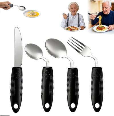 Aangepast bestek - 4-delig - 42° buiging bestek - Verdikt Bestek - Buigbestek - Grip bestek - Ergonomisch bestek - Aangepast bestek voor krachtverlie - Ouderen Senioren Hulpmiddel - zwart