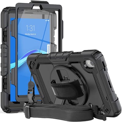 Hoes met ingebouwde Screenprotector | Geschikt voor Lenovo Tab M8 | Inclusief Handriem en Schouderriem | Extreme bescherming | Ideaal voor zakelijk gebruik