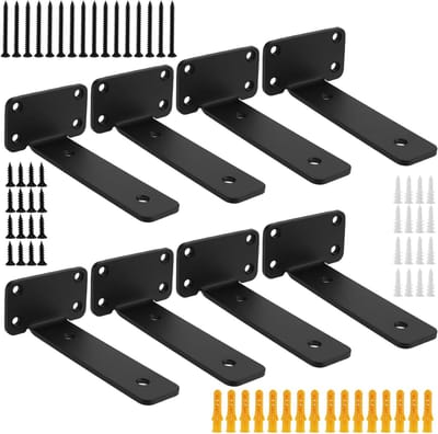 Stevige L-vormige Planksteunen, 8 Stuks, Zwart, 15.5 cm, Ideaal voor Hoekplanken en Wandmontage, Draagkrachtige Metalen Steunen