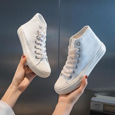 Chaussures montantes en toile pour femmes, nouvelles chaussures de planche polyvalentes et tendance de style Harajuku, blanches et pures, pour étudiantes, printemps 35 white