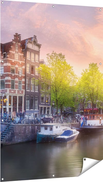 Gards Tuinposter Amsterdamse Grachten - 100x150 cm - Tuindoek - Tuindecoratie - Wanddecoratie buiten - Tuinschilderij