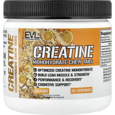 EVLution Nutrition, Creatine Monohydraat Kauwtabletten, Sinaasappel, 90 Tabletten