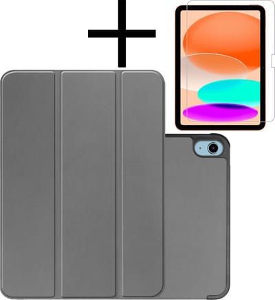 Hoes - Geschikt voor Apple iPad A16/A18 (2022/2025/2026) - 10.9 & 11 inch (10e, 11e & 12e generatie) - Met Screenprotector - Trifold Bookcase - Hard Cover - Hardcover Book Case - Tablet Hoesje - Grijs
