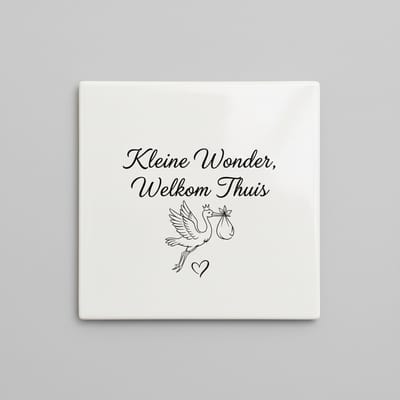 Baby Welkom Decoratieve Keramische Tegel 15x15 cm – “Kleine Wonder, Welkom Thuis” Ooievaar Wanddecoratie Cadeau