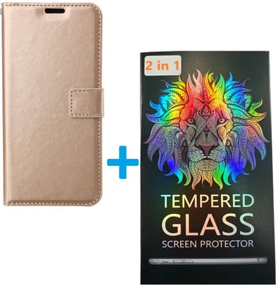 Portemonnee Book Case Hoesje + 2x Screenprotector Glas Geschikt voor: Samsung Galaxy A16 - Goud