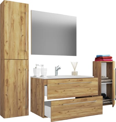 VCM 5-tlg. Set | 1 Waschtisch mit zwei Schubladen, 1 Spiegel, 1 Waschbecken, 1 Midischrank, 1 Hochschrank | Keramik Waschbecken | hängend Unterschrank 80 cm | Badmöbel Set Waschplatz – Badinos