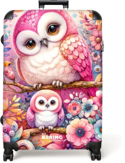 NoBoringSuitcases.com® - Koffer groot - Reiskoffer lichtgewicht - Twee roze uilen omringd door bonte bloemen - Rolkoffer met 4 wielen - Grote trolley XL - 98 liter bagage
