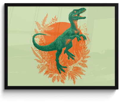 Poster in lijst - Fotolijst 80x60 cm - Posters - Dinosaurus - Groen - Planten - Cirkel - Posterlijst zwart - Decoratie - Wanddecoratie woonkamer - Muurdecoratie slaapkamer