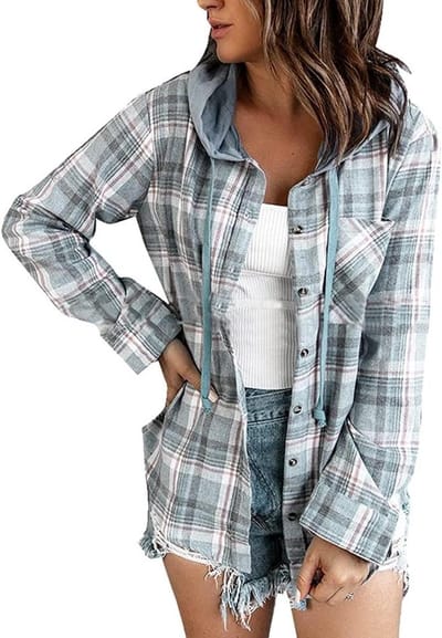 Cocoplus -Overhemd voor dames - geruit - winter - rode blouse - capuchon - casual - oversized - lange mouwen - Hemelsblauw - geschikt voor model - S/M/L.
