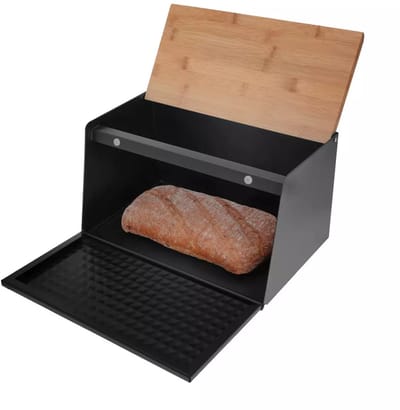 Broodbak van Staal en Bamboe - Zwart - 35,5 x 17(21,5) x 20 cm - Hygienisch en Ecologisch - Broodtrommel - Brooddoos
