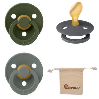 Bibs Dental fopspenen Anatomical 0-6 maanden- Set 3 stuks- Hunter Green, Iron, Pine- + Monkiezz speenzakje - orthodontisch- Anatomisch- Maat 1