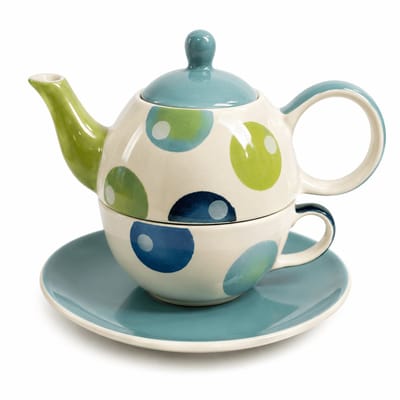 Tea for One Set Stippen - Handgeschilderd Keramiek - Theepot met Kop en Schotel - Blauw Groen Wit - 3-delige Theeset voor 1 Persoon