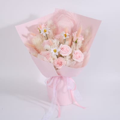 La Roselle Amsterdam Roze Kunstrozen Boeket met Margrieten en rozen en Pampasgras – Zomer bloemen boeket