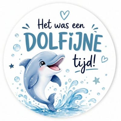 20x Sluitsticker Dolfijne tijd - Het was een dolfijne tijd - Cadeausticker - Sluitsticker - Rond - 40mm - 20 stuks - Wensetiket - Afscheid - Basisschool - Uitdelen - Traktatie - Uitdeeltraktatie - Collega