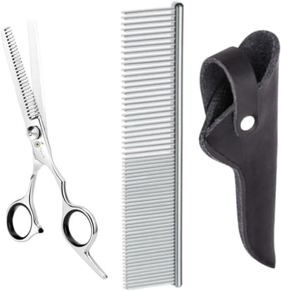 Professor Q Effileerschaar Hond – Professionele Uitdunschaar voor Hondenvacht – RVS – 6 inch – Met Vingerringen met Luxe Lederen Etui – 16,5 cm – Zwart + Anti-Klit Kam – Pijnloos & Huisdiervriendelijk