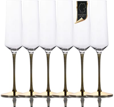 Intirilife 6x Champagneglas met goudkleurige steel - 200 ml inhoud - champagne prosecco glas kristalglas schokbestendig