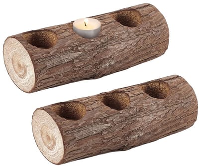 Dailygoods- Theelichthouder Houten - Set van 2 - 3 Gaten - Rechthoekige Basis - 35 mm Binnendiameter - 65,5 mm Breedte - 177 mm Lengte - Kandelaar