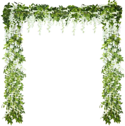 4 stuks 26 voet in totale wijnstok kunstmatige blauweregen slinger kunstmatige bruiloft zijden blauweregen opknoping bloem voor bruiloft boog huis tuin feest buiten decor (wit)
