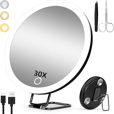 QTTVBTNA - 30x Vergrotingsmake-up Spiegel - Oplaadbare LED Spiegel - 3 Verlichtingsmodi - Met Zuignappen en Steun - Handig Reismakeup Spiegel - Zwart - 15 cm - 1 Stuk