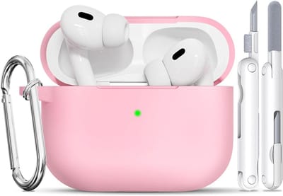 Silikon Beschermhoes voor AirPods Pro 1/2 met Reinigingsset, Inclusief Sleutelhanger en Ondersteuning voor Draadloos Opladen - Roze