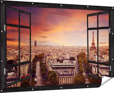 Gards Tuinposter Doorkijk Skyline Parijs met Eiffeltoren - 180x120 cm - Tuindoek - Tuindecoratie - Wanddecoratie buiten - Tuinschilderij