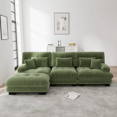 DESMIU Hoekbank 313 Cm - Modulaire L-Vorm Met Verplaatsbare Ottomans - Diepe Zitting Voor Woonkamer - Chenille Groen