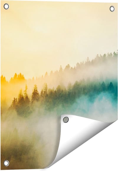 Gards Tuinposter Kleurrijke Zonsopgang in het Bos met Mist - 40x50 cm - Tuindoek - Tuindecoratie - Wanddecoratie buiten - Tuinschilderij