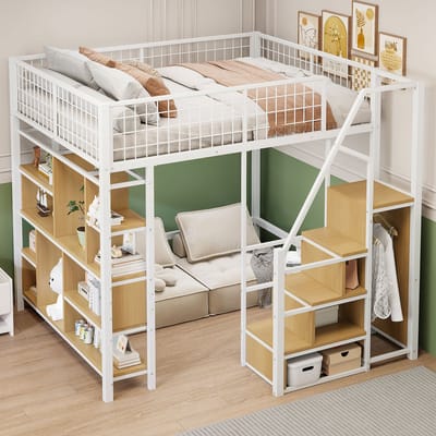 Multifunctionele Hoogslaper - 140x200 cm - Metaal Met Stauraum En Trap - Voor Volwassenen En Kinderen - Metaal - Wit