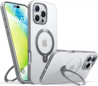 TORRAS UPro Ostand Spin Hoesje Geschikt voor Apple iPhone 16 Pro - Compatibel met MagSafe - 360° Draaibare Magnetische Standaard - Back Cover Kickstand Ring - Grijs