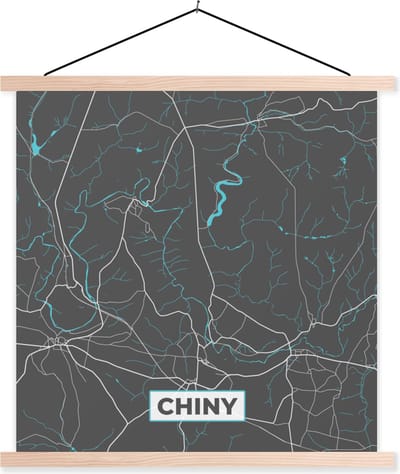 Posterhanger incl. Poster 40x40 cm - Schoolplaat - Plattegrond – Chiny – Blauw – Stadskaart - Kaart - Textielposter - Blanke latten - Stadskaart