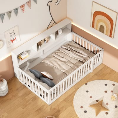 DESMIU Dagbed 90 cm x 200 cm – Dagbed Met Opbergvakken En Veiligheidshekje – Multifunctioneel Slaapbankbed Voor Kinderkamer En Woonkamer – Grenenhout En MDF – Wit – Zonder matras