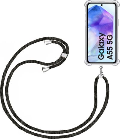 Telefoonkoord + Hoesje Geschikt voor Samsung Galaxy A55 - Lengte Verstelbaar - Telefoonketting - Shock Proof Case - Zwart