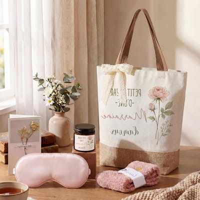 Cadeauset voor de Peetmoeder: Luxe Tas, Geurkaars, Slaapmasker, Sokken en Wenskaart met Gipskruid Bedankje