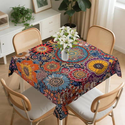 Kleurrijk Mandala Vierkant Tafelkleed Wasbaar Abstract Geometrisch Tafelkleed Cover voor Eetfeest Picknick 152x152cm brown