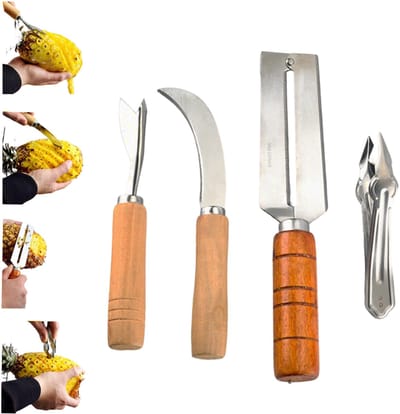 4-delige ananasmessenset - Ananasschiller van roestvrij staal - Ananasschiller - Fruitmes - Keukengereedschap - Inclusief gebogen mes, schiller, tang en spatel - Geschikt voor het verwerken van fruit - Houtkleur