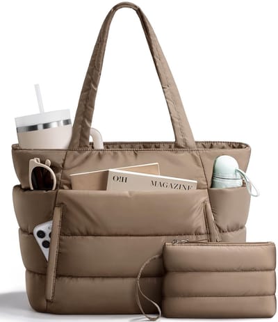 Puffer Tote Bag voor Dames - Lichtgewicht Donzige Schouderhandtas - Met Afneembaar Klein Tasje & Handig Laptopvak - Incl. Trolley Sleeve voor Reizen - Voor Kantoor, Woon-werkverkeer & Dagelijks Gebruik - Donker kaki